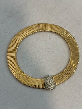 Vintage Ciner Gold Plated Omega Tubogas Collar Necklace with Pave Crystal Accent